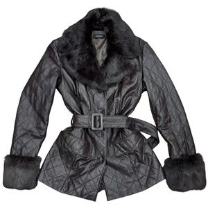 Vintage Dark Brown Genuine Leather Jacket with Fur Trim and Belt